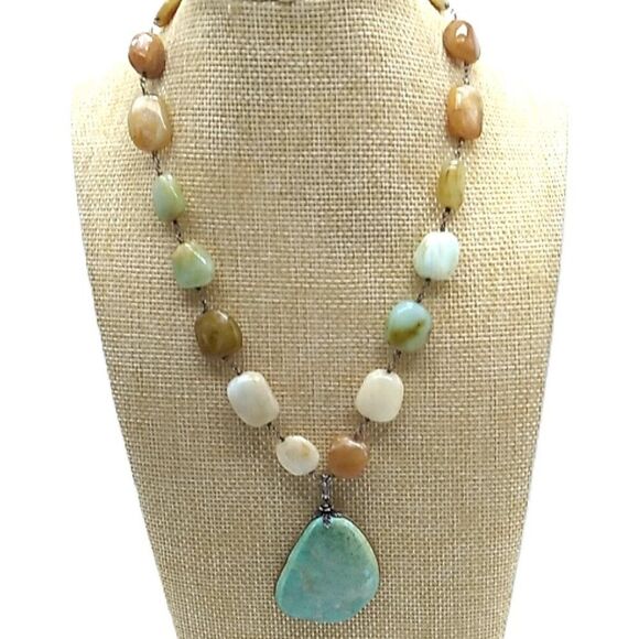 Artisan Tumbled Amazonite Square Beads on Wire Choker Necklace - Picture 1 of 16